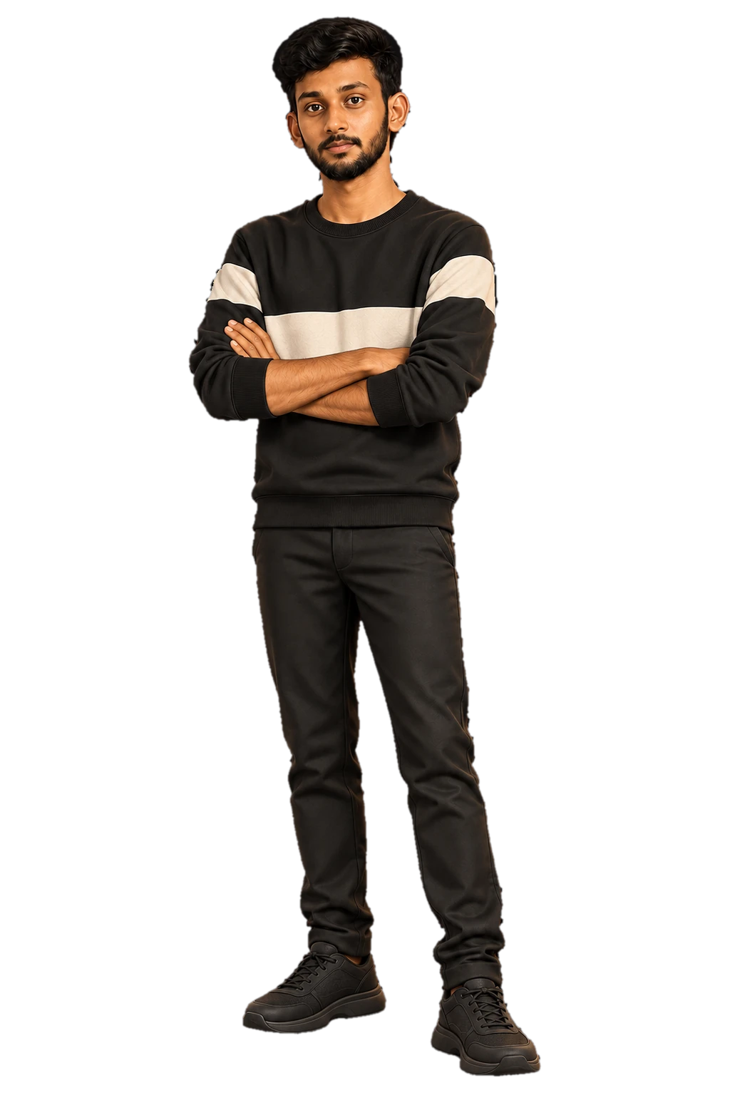 Kamalesh, Founder of Hsela Mak, standing with arms crossed in a black sweatshirt with cream stripes