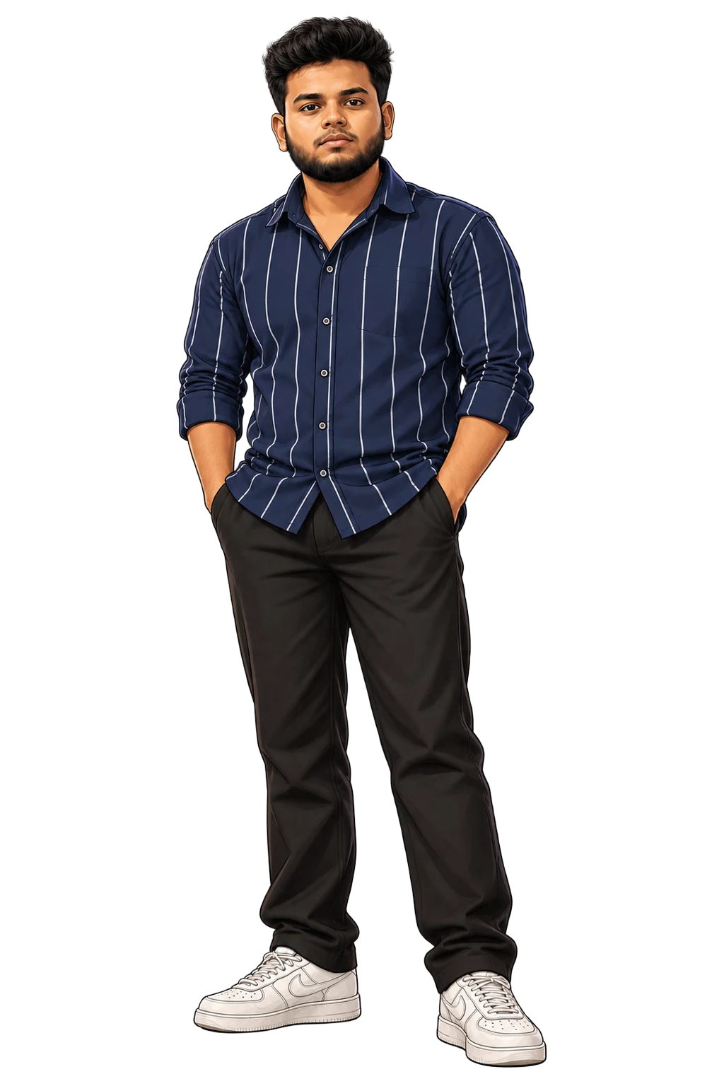 Mohan, Video Editor at Hsela Mak, in a navy striped shirt